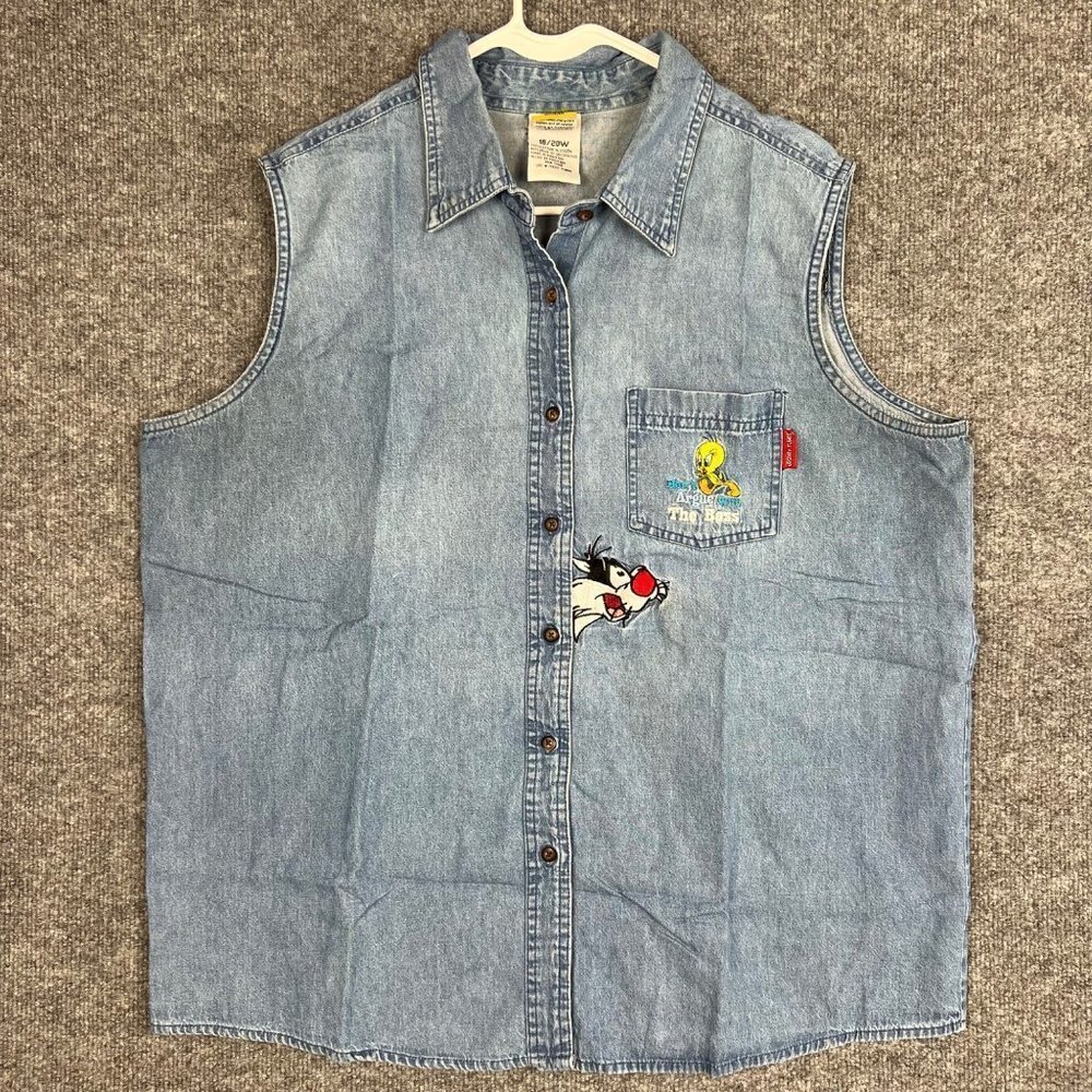 Vintage Looney Tunes Women's Denim‎ Sleeveless Shirt Embroidered SZ 18/20W